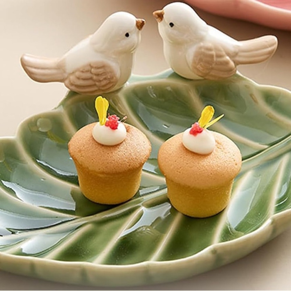 Ceramic Bird Leaf Plate - Green and White